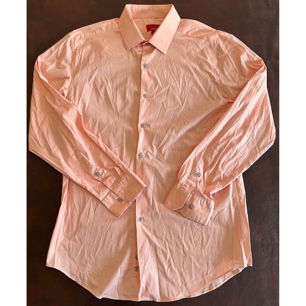Alfani Mens Slim Fit Stretch Dress Shirt Peach Pink Long Sleeve Size M 15-15.5